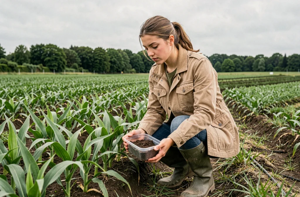 Étudiante d'AgroSup Dijon analysant un échantillon de sol dans un champ expérimental agricole de l'école