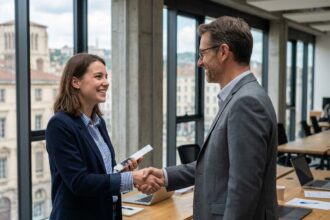 Jeune femme en alternance signant un contrat avec son tuteur dans un bureau moderne à Lyon, région Rhône-Alpes
