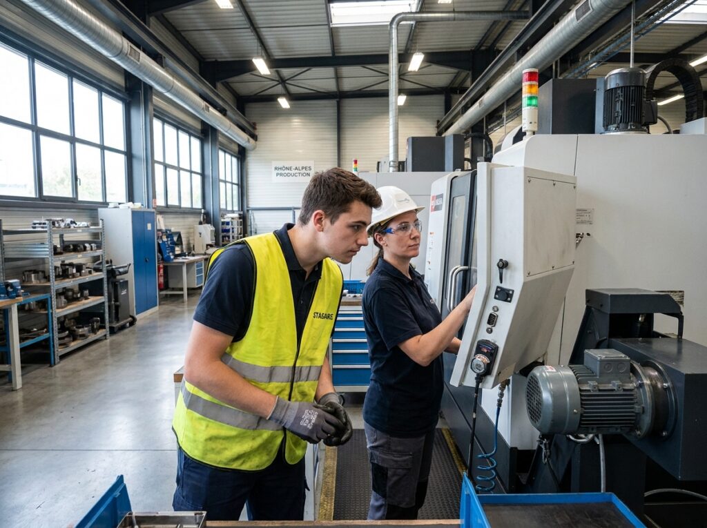 Apprenti en alternance observant une technicienne expérimentée dans une usine industrielle de la région Rhône-Alpes