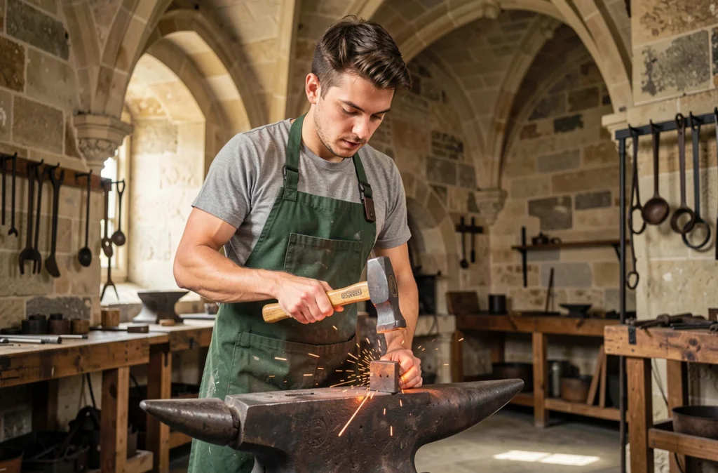 Étudiant des Arts et Métiers campus de Cluny travaillant le métal dans l'atelier de forge historique de l'école