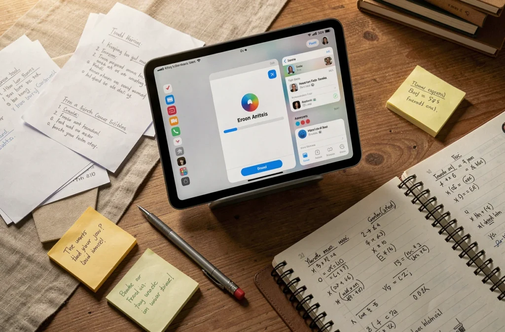 Vue aérienne d'un bureau avec tablette affichant une erreur de connexion à l'application Comptalia entourée de notes comptables