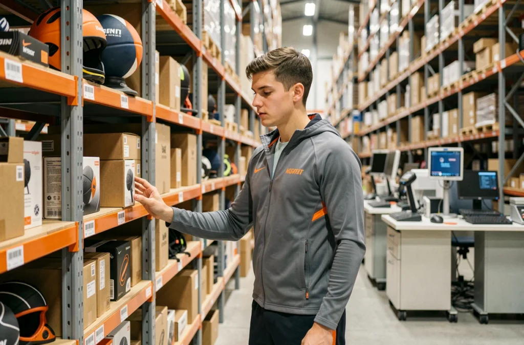 Apprenti en alternance distribution et sport au Campus du Lac Bordeaux dans un entrepôt de marchandises sportives