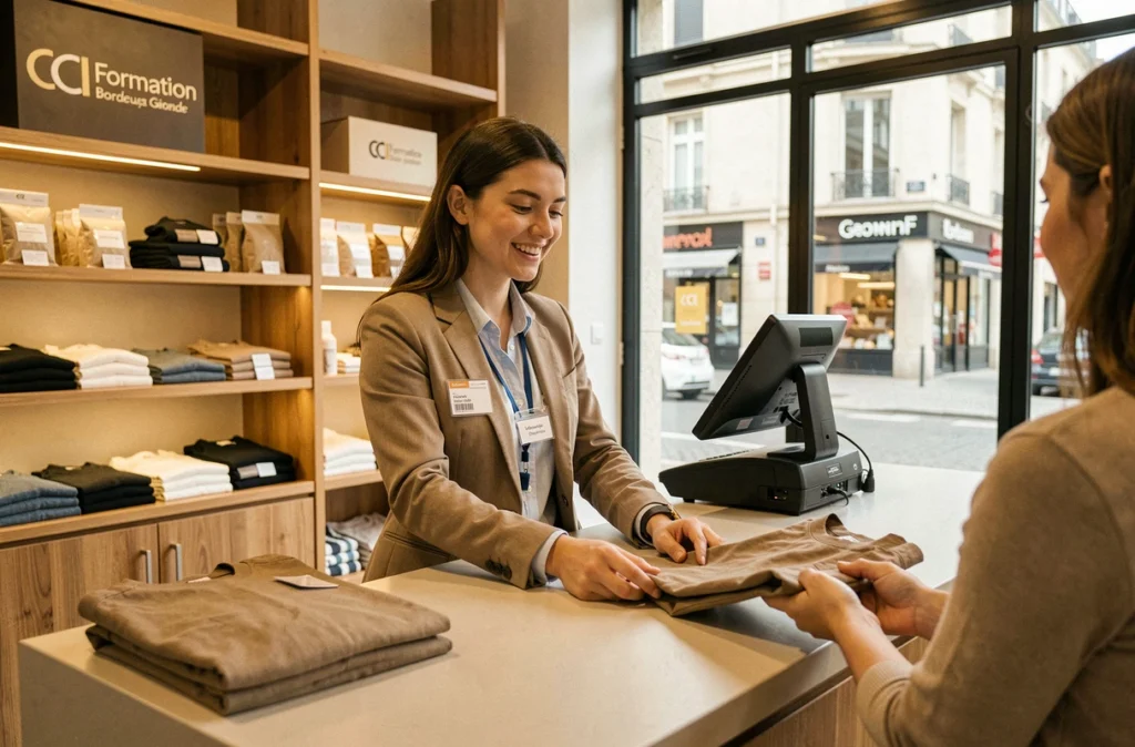 Apprentie en alternance commerce de proximité à la CCI Formation Bordeaux Gironde dans une boutique de formation
