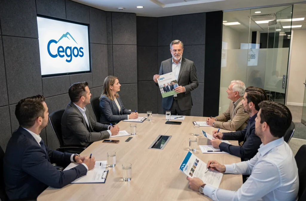 Formateur Cegos animant un atelier de leadership pour des professionnels dans une salle de formation corporate