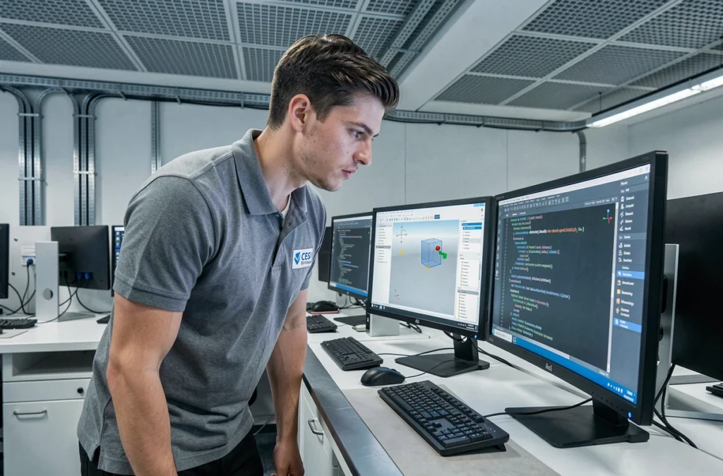 Apprenti en alternance ingénierie et numérique au CESI Bordeaux devant des logiciels de CAO et de développement