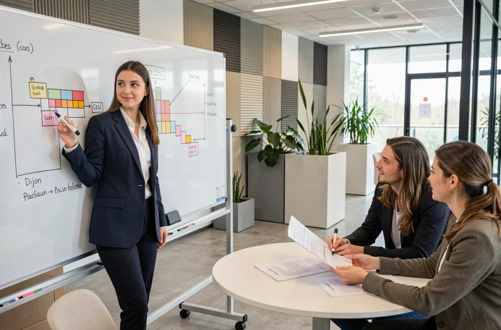 Étudiante du CESI Dijon animant une session de gestion de projet devant un tableau blanc dans un centre de formation moderne