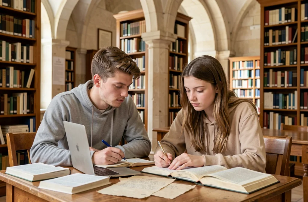 Deux étudiants en alternance universitaire pluridisciplinaire au CFA de l'Université de Bordeaux en bibliothèque