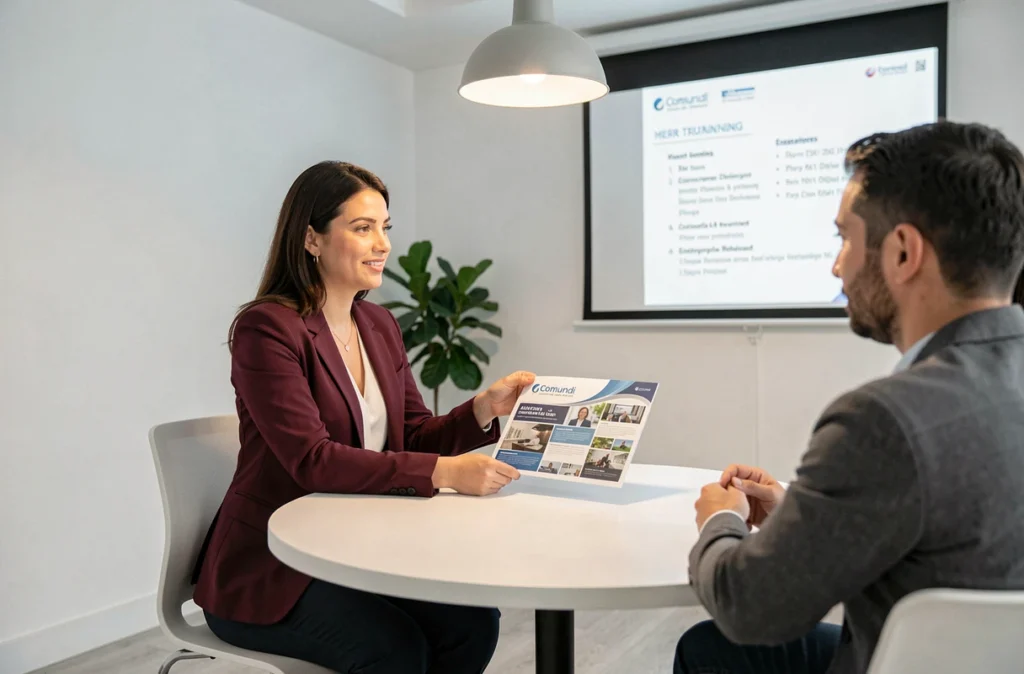 Consultante Comundi présentant un catalogue de formations à des participants dans une salle de séminaire moderne