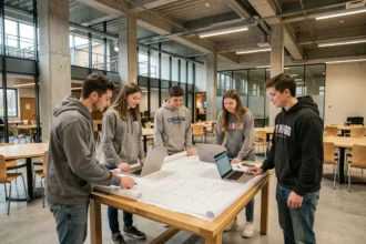 Étudiants en école d'ingénieurs en Bourgogne-Franche-Comté autour de plans techniques dans un espace universitaire moderne