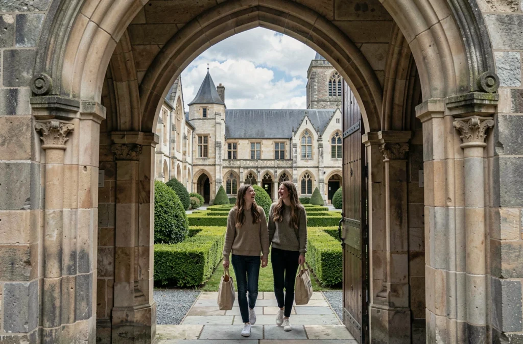 Deux lycéennes traversant un passage voûté en pierre au sein de l'Ensemble Baudimont à Arras