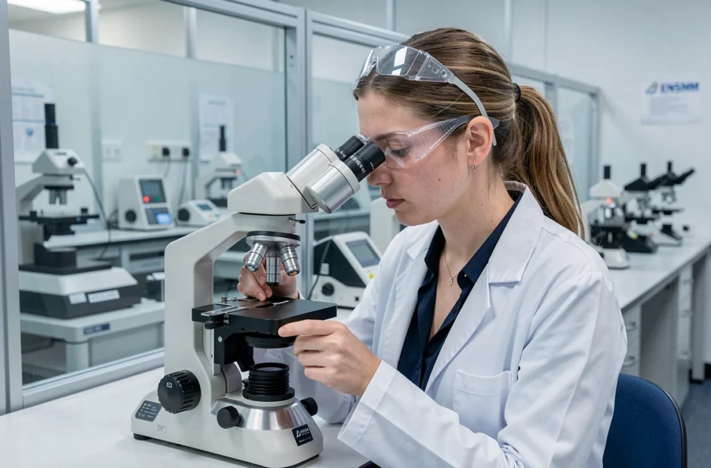 Étudiante de l'ENSMM Besançon manipulant un instrument de microtechnique de précision dans un laboratoire universitaire