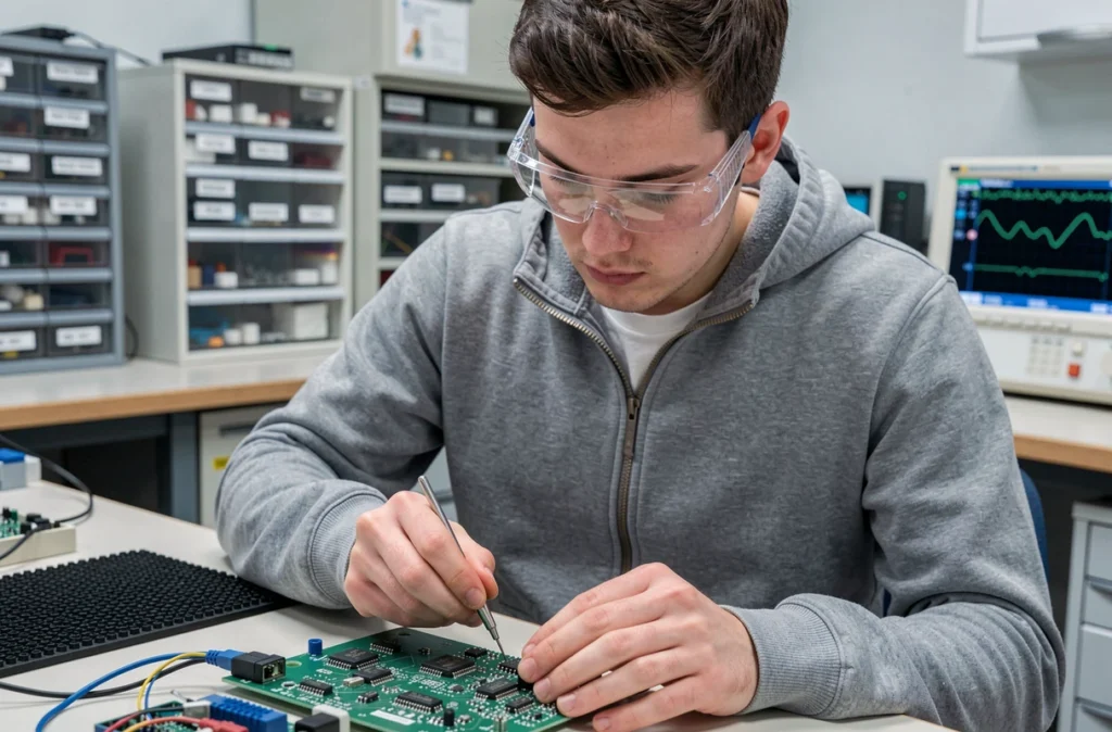 Étudiant de l'ESEO Dijon réalisant une soudure sur un circuit imprimé dans un laboratoire d'électronique universitaire