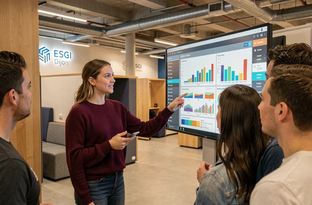 Étudiante de l'ESGI Dijon présentant un tableau de bord de visualisation de données dans un espace numérique moderne