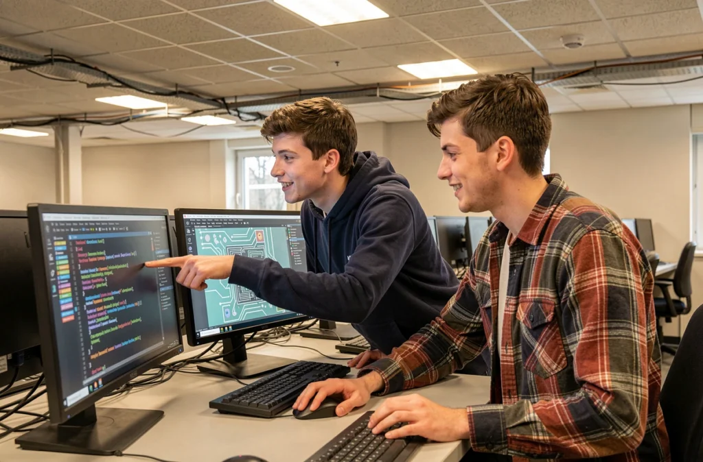 Deux étudiants de l'ESIREM Dijon travaillant sur des logiciels de développement informatique et d'électronique