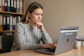Étudiante frustrée devant un problème de connexion à l'application Comptalia sur son ordinateur portable