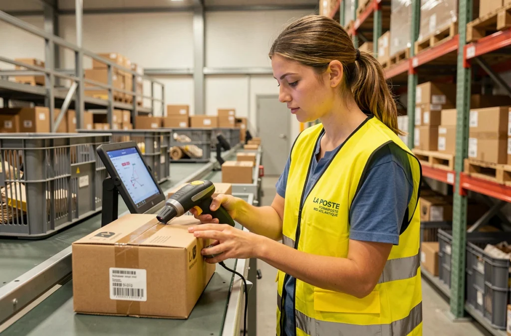 Apprentie en alternance logistique et relation client au CFA des Métiers de La Poste Formaposte Midi-Atlantique triant des colis