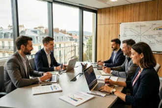 Groupe de professionnels en formation autour d'une table dans un centre de formation moderne en Nouvelle-Aquitaine