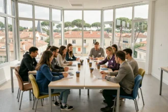 Groupe de jeunes apprentis en formation alternance dans un campus moderne de Nouvelle-Aquitaine
