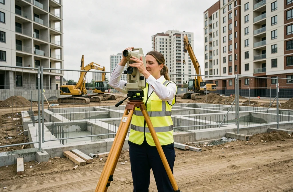 Géomètre femme sur un chantier urbain utilisant un théodolite pour des relevés topographiques
