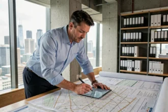 Géomètre spécialisé en urbanisme étudiant des plans de zonage dans un bureau moderne avec vue sur la ville