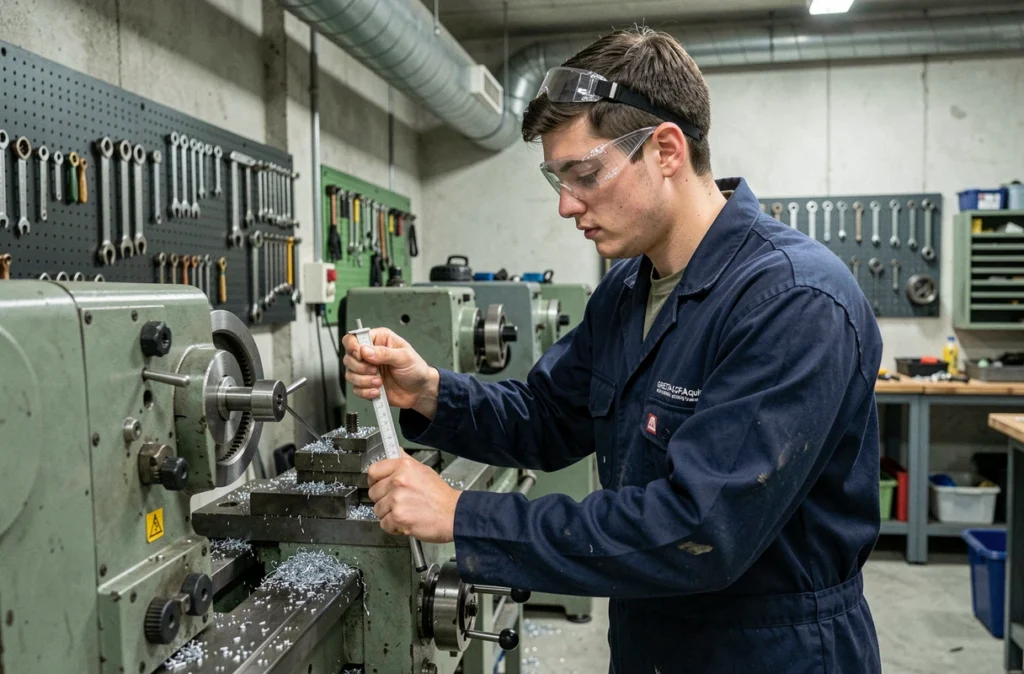 Apprenti en alternance dans un atelier industriel du GRETA-CFA Aquitaine travaillant sur une machine-outil