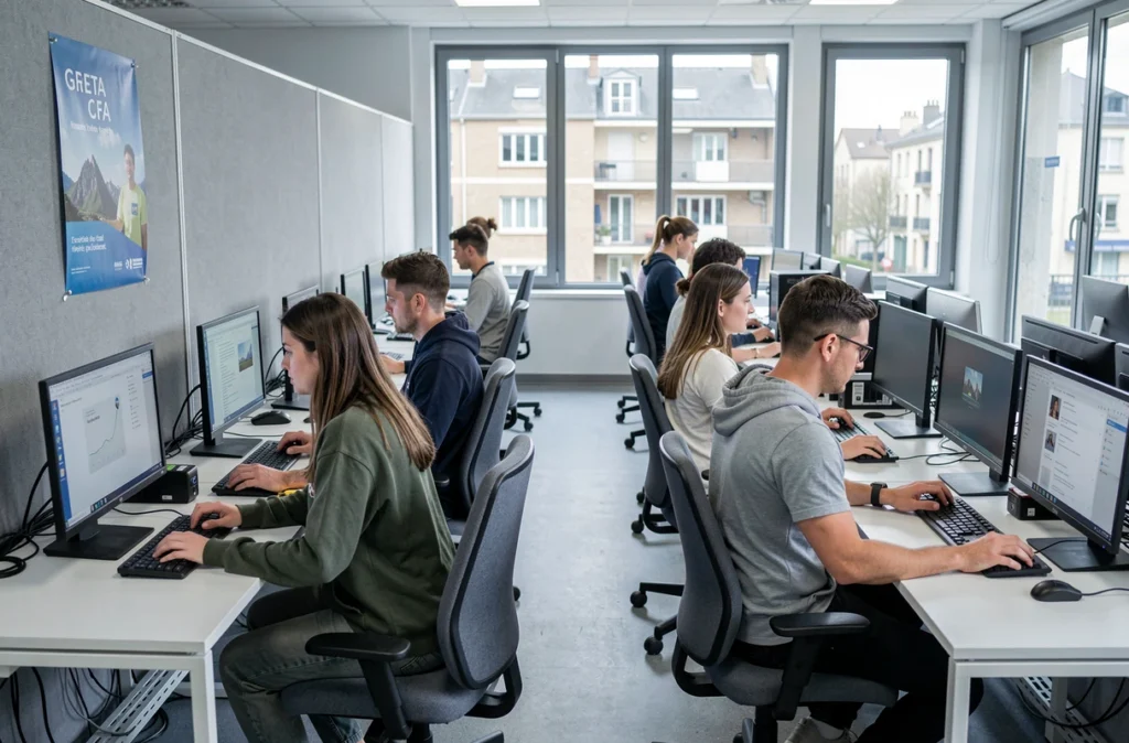 Étudiants en formation numérique dans une salle informatique du GRETA-CFA Aquitaine