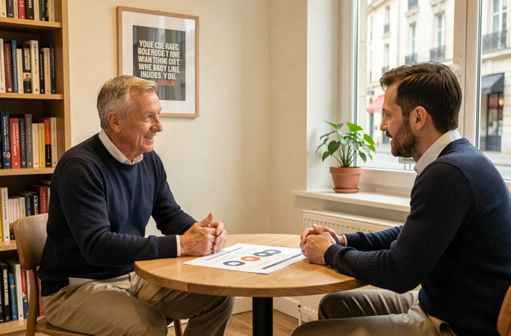 Coach de carrière du Groupe Perspective en entretien individuel avec un adulte en reconversion professionnelle