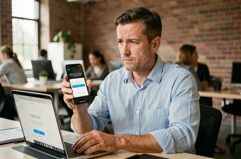 Homme au bureau consultant son smartphone face à une panne de connexion sur l'application Comptalia