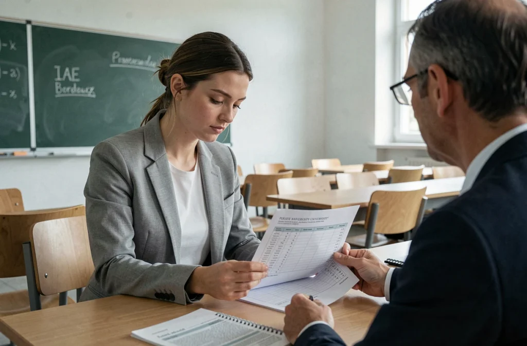 Étudiante en alternance gestion à faible coût à l'IAE Bordeaux dans une salle de cours universitaire publique