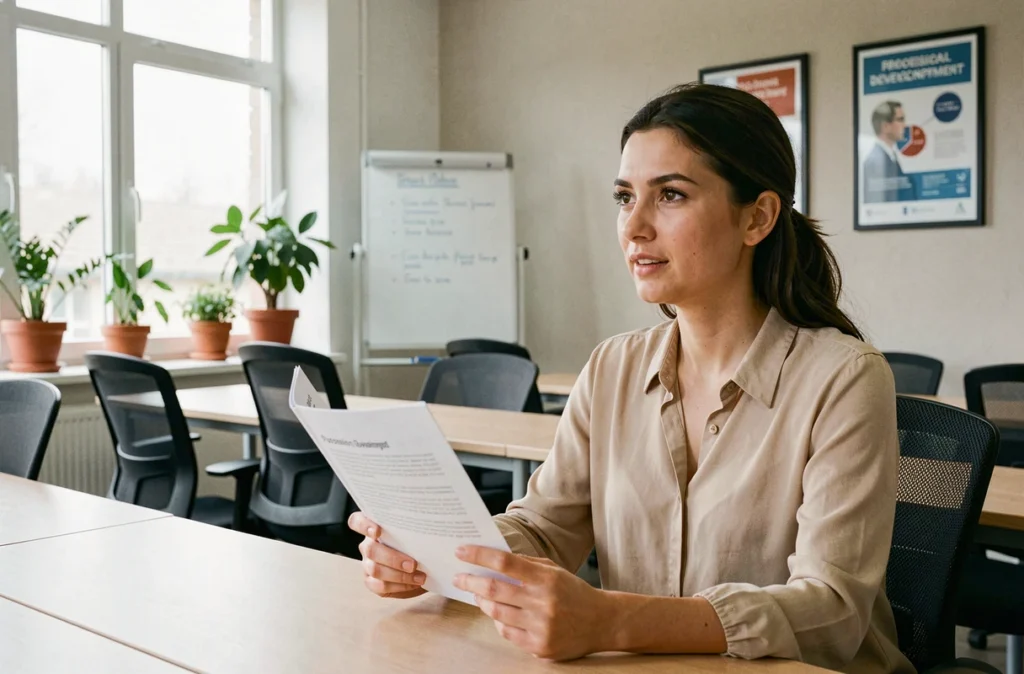 Apprenante adulte concentrée lors d'une session de formation à l'IFPA, tenant un livret de cours