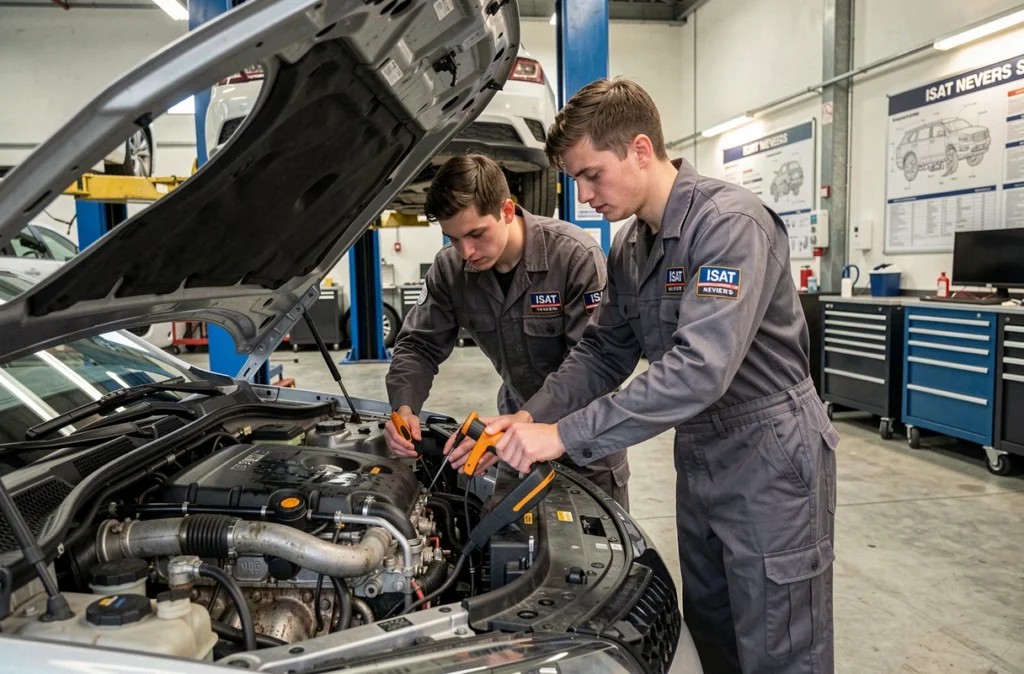 Étudiants de l'ISAT Nevers inspectant un moteur automobile dans le garage pédagogique de l'institut supérieur des transports