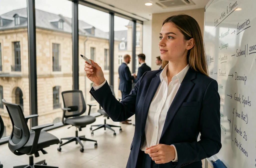 Étudiante en alternance commerce et management à KEDGE Business School Bordeaux présentant une stratégie