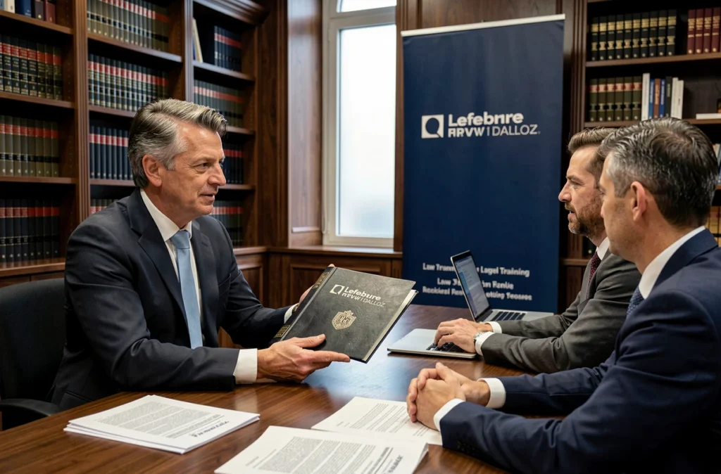 Spécialiste en formation juridique Lefebvre Dalloz présentant un classeur de référence légale à des professionnels du droit