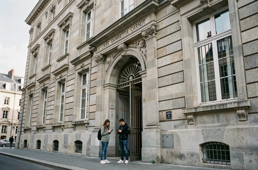 Façade néoclassique du Lycée Gambetta Carnot à Arras avec des élèves devant l'entrée principale