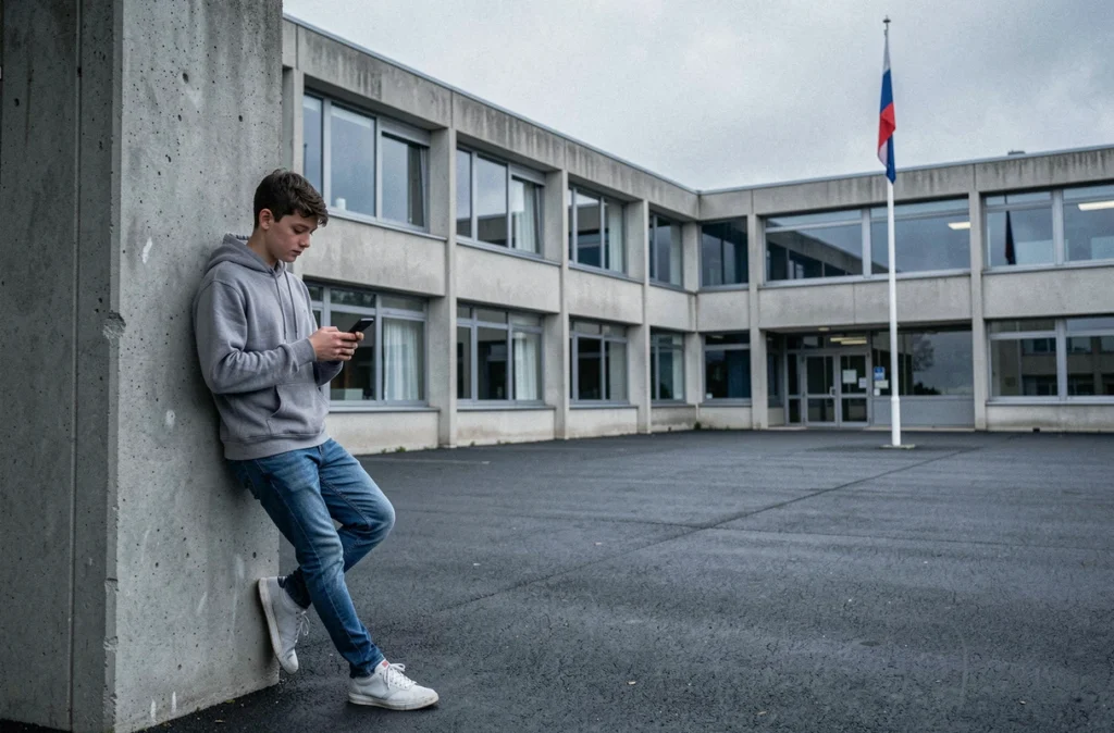 Un lycéen devant la façade en béton du lycée Giraux Sannier à Saint-Martin-Boulogne, regardant son téléphone
