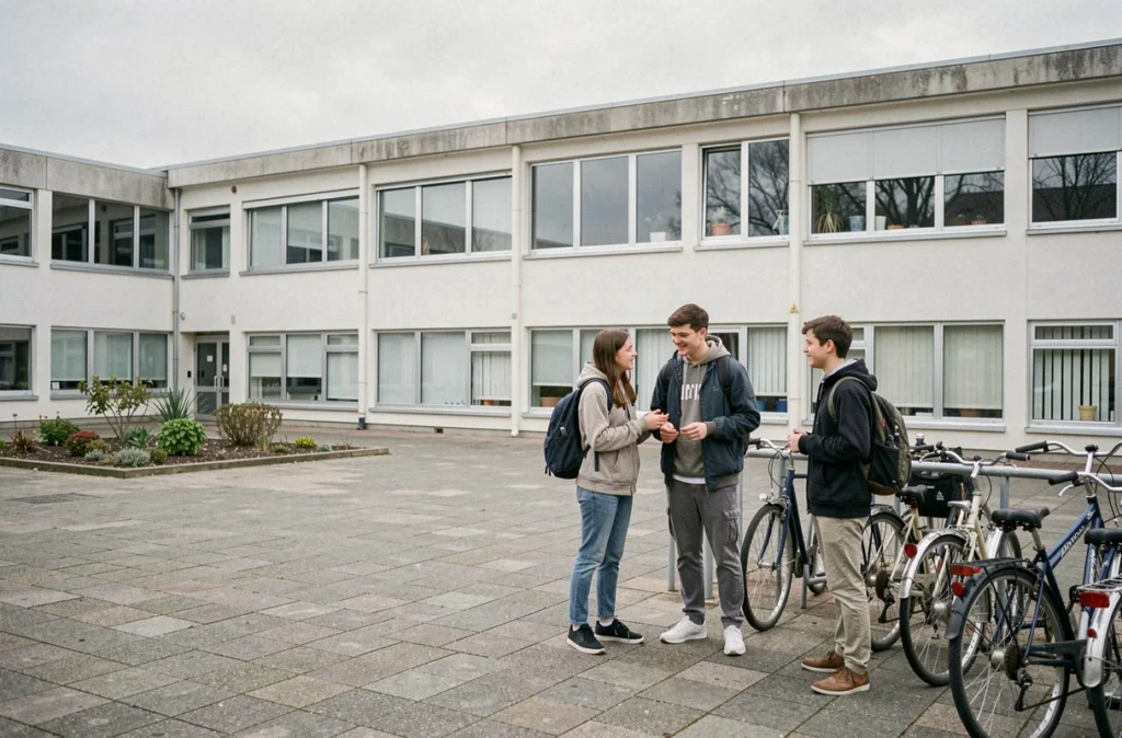 Trois élèves discutant près du rack à vélos devant le lycée Léo Lagrange à Bully-les-Mines