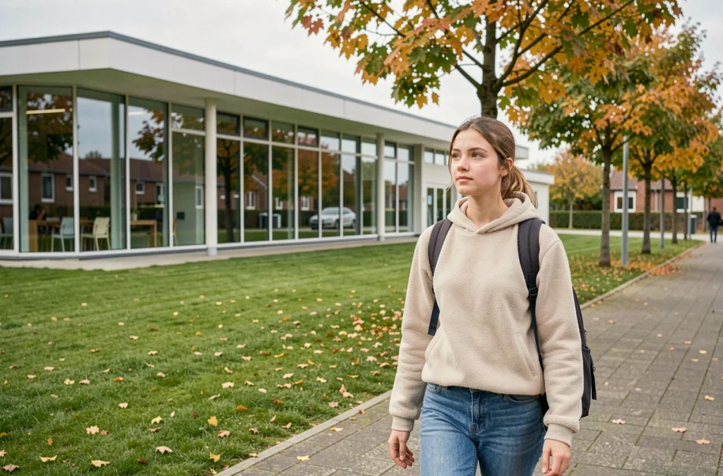 Une lycéenne marchant sur le chemin piéton du lycée privé La Malassise à Longuenesse en automne