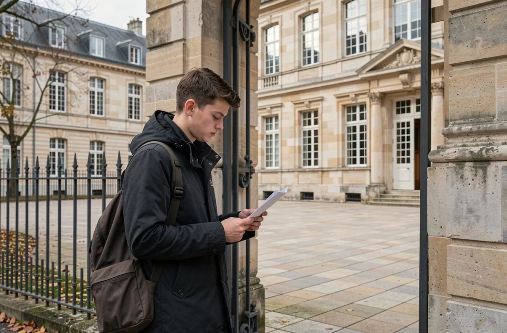 Un lycéen devant l'entrée en pierre du lycée Robespierre à Arras, lisant un document