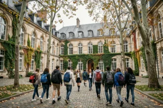 Cour d'un lycée du Pas-de-Calais avec des élèves en train de marcher entre des bâtiments en pierre classique à l'automne