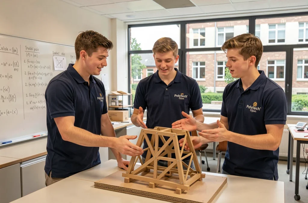 Groupe d'étudiants de Polytech Dijon présentant une maquette de projet d'ingénierie dans une salle de travail collaboratif