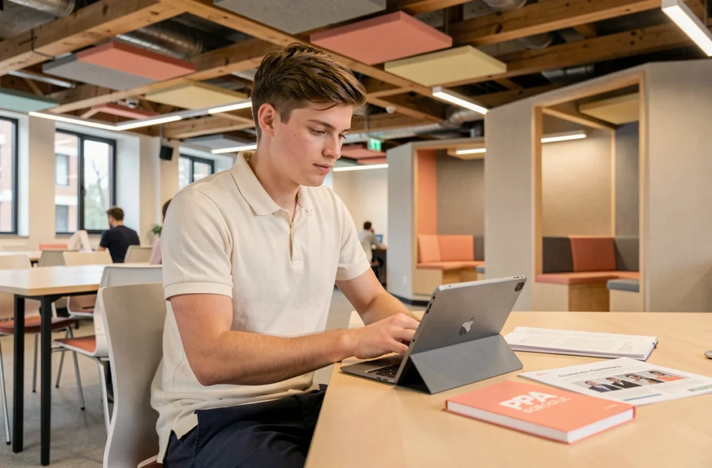 Étudiant de première année en alternance post-bac à PPA Bordeaux travaillant sur tablette dans un espace moderne