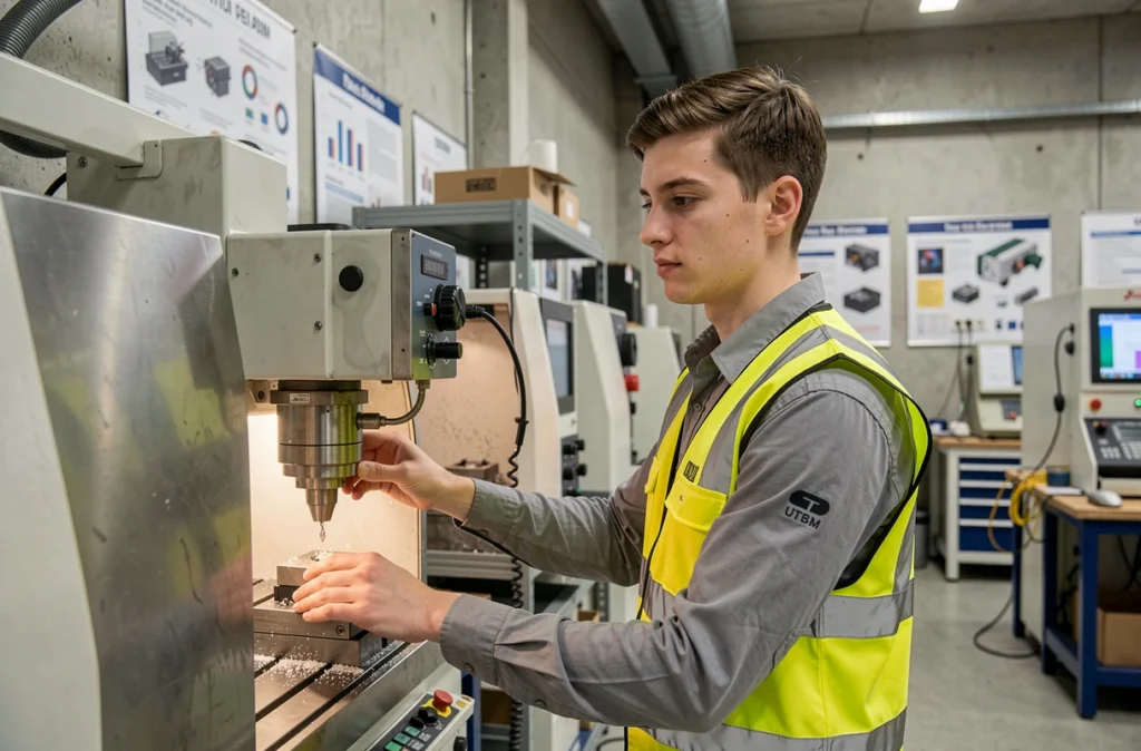 Étudiant de l'UTBM Belfort-Montbéliard travaillant sur une machine CNC dans un atelier universitaire industriel