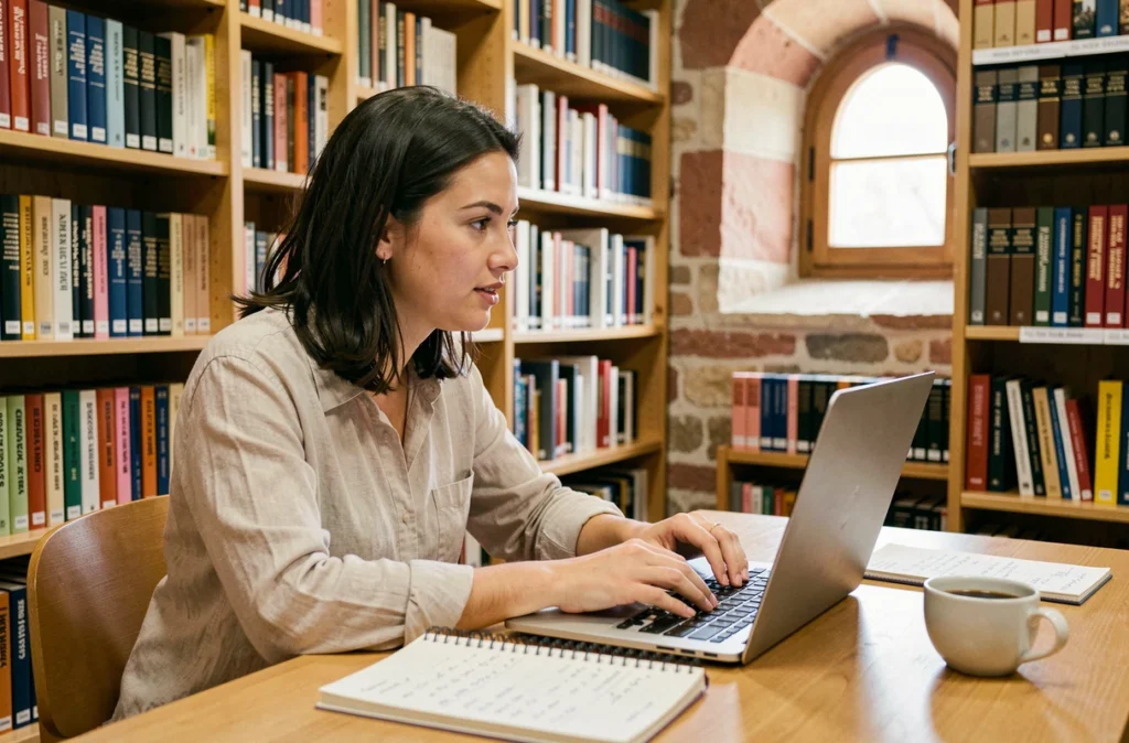 Jeune femme suivant un cours de langue en ligne dans la bibliothèque d'une école de langues au Pays basque, en Nouvelle-Aquitaine
