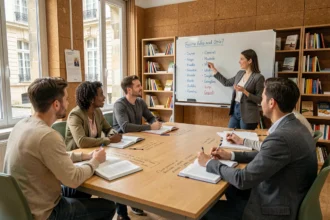 Étudiants adultes en cours de langue dans une école de langues moderne en Nouvelle-Aquitaine, avec une professeure devant un tableau blanc